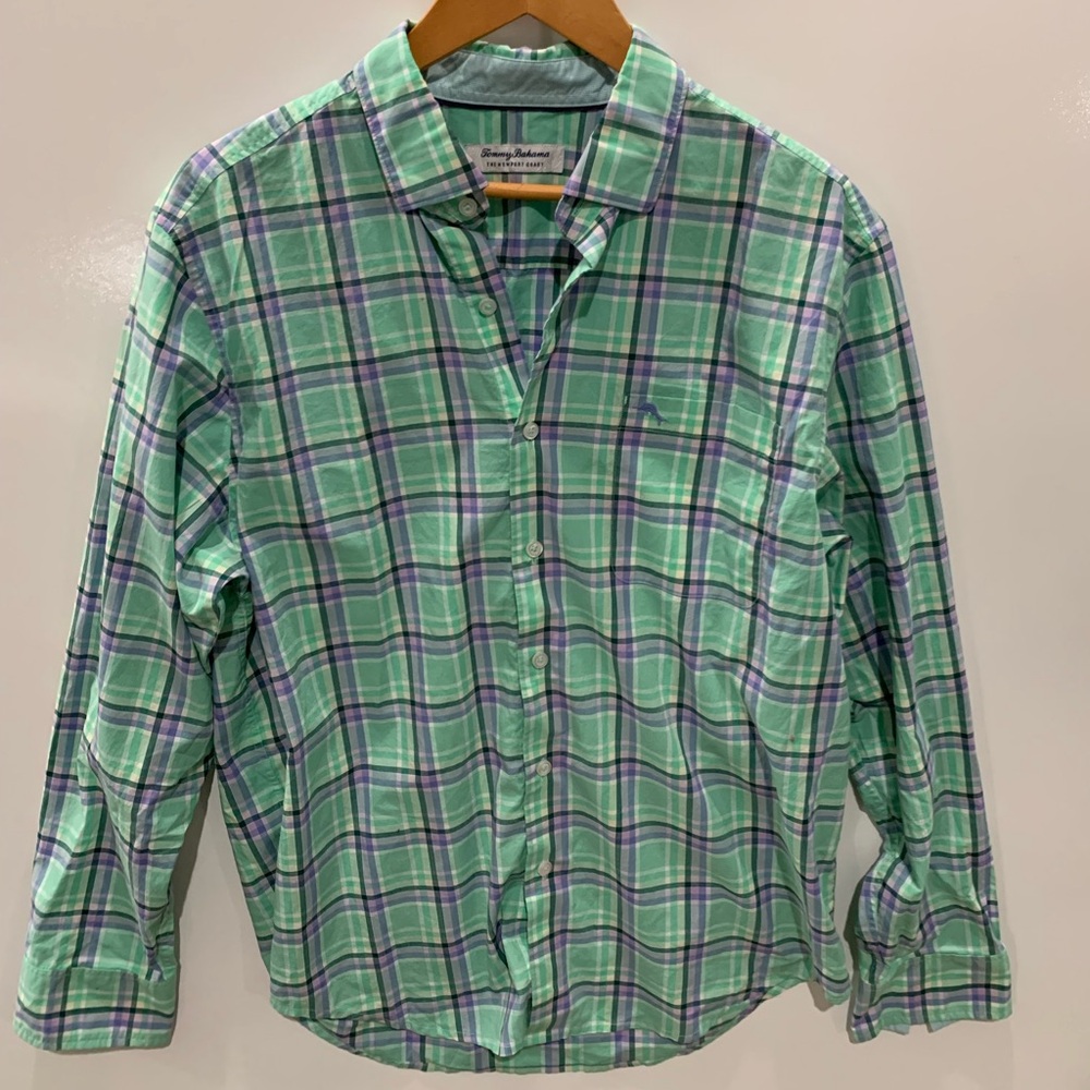 MENS Tommy Bahama Green and Purple Plaid Shirt size M